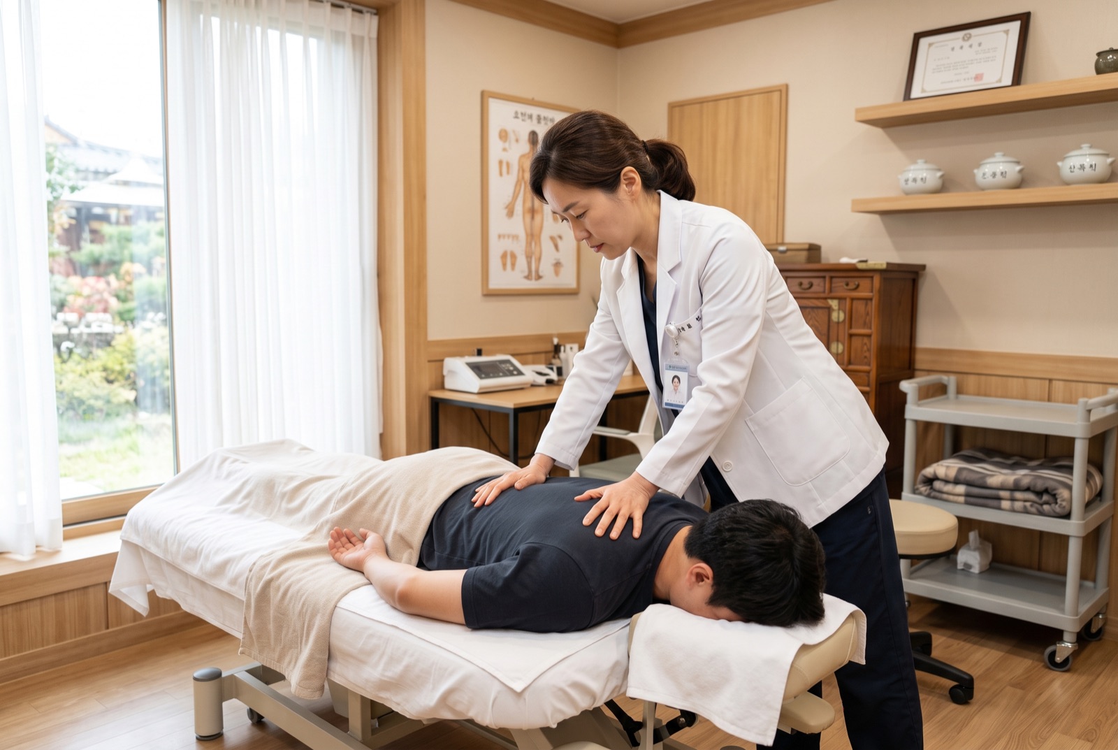 한의사가 엎드린 환자의 척추 정렬을 손으로 바로잡는 추나요법