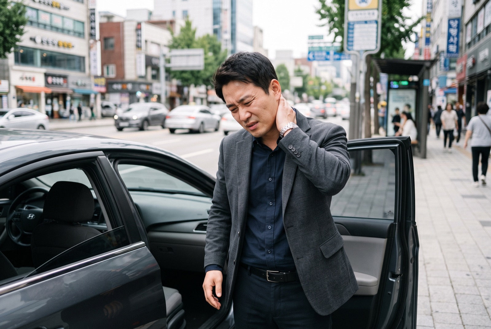 교통사고 직후 차에서 내려 뒷목을 짚고 통증을 호소하는 운전자