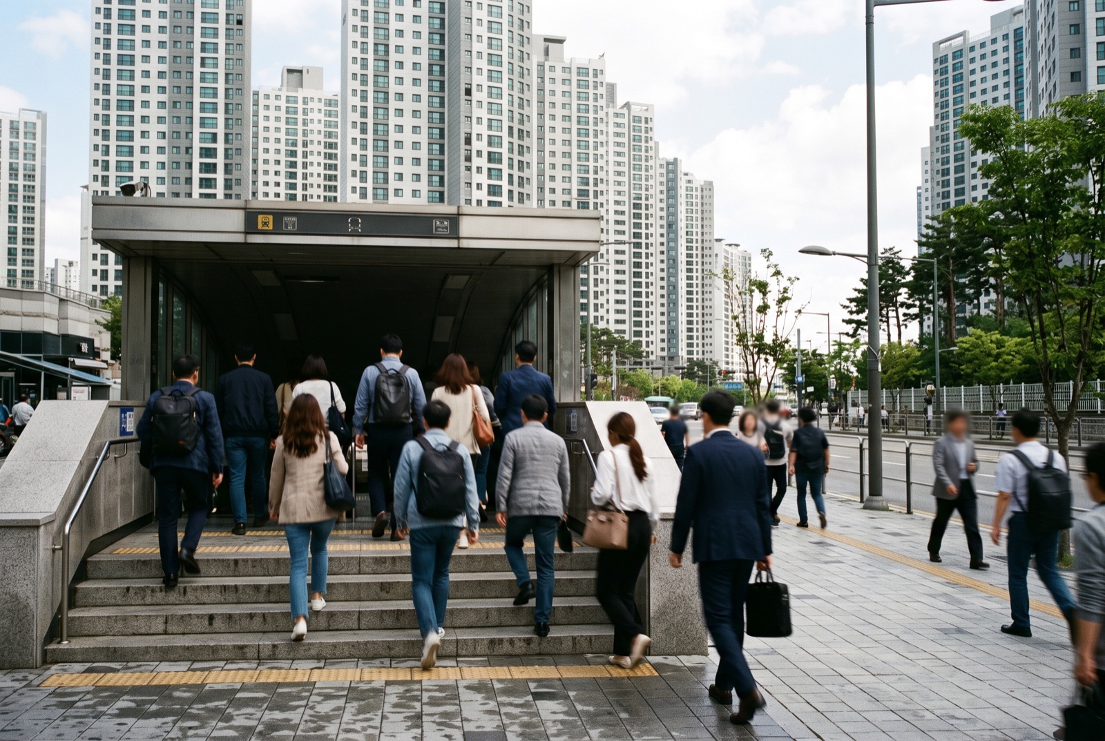 지하철역 출구를 빠져나와 걷는 사람들