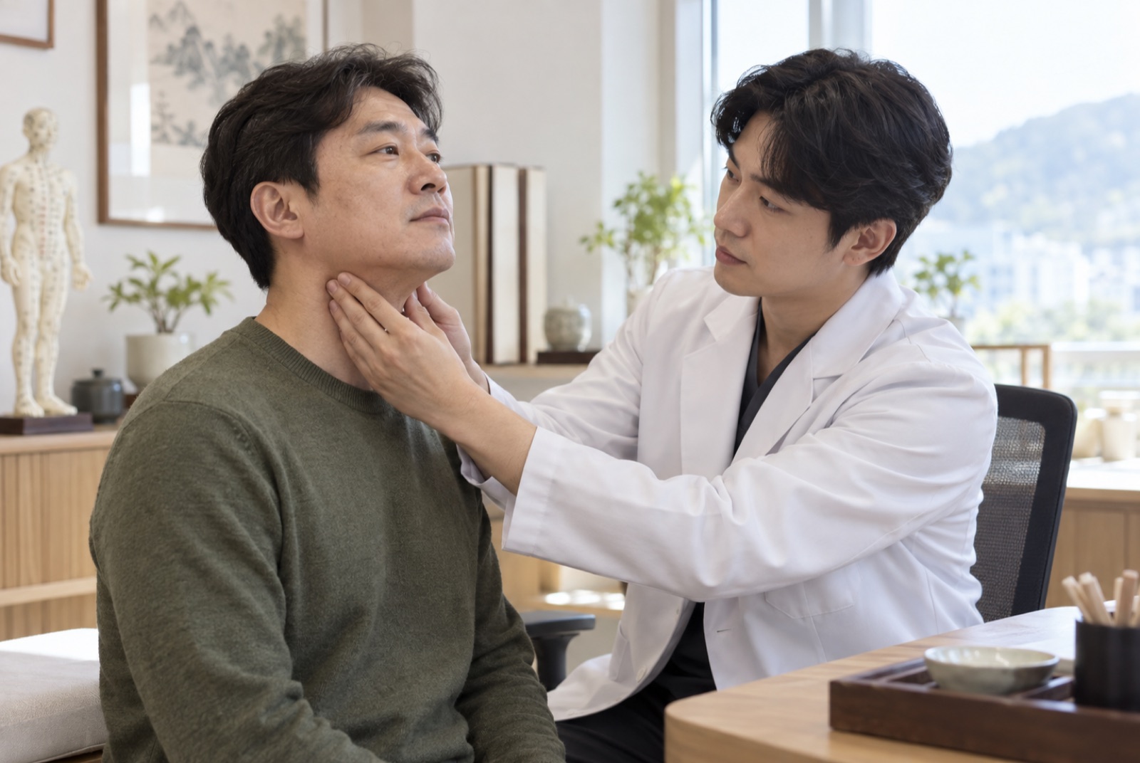 한의사가 진료실에서 남성 환자의 목 상태를 손으로 살피는 첫 진료 장면