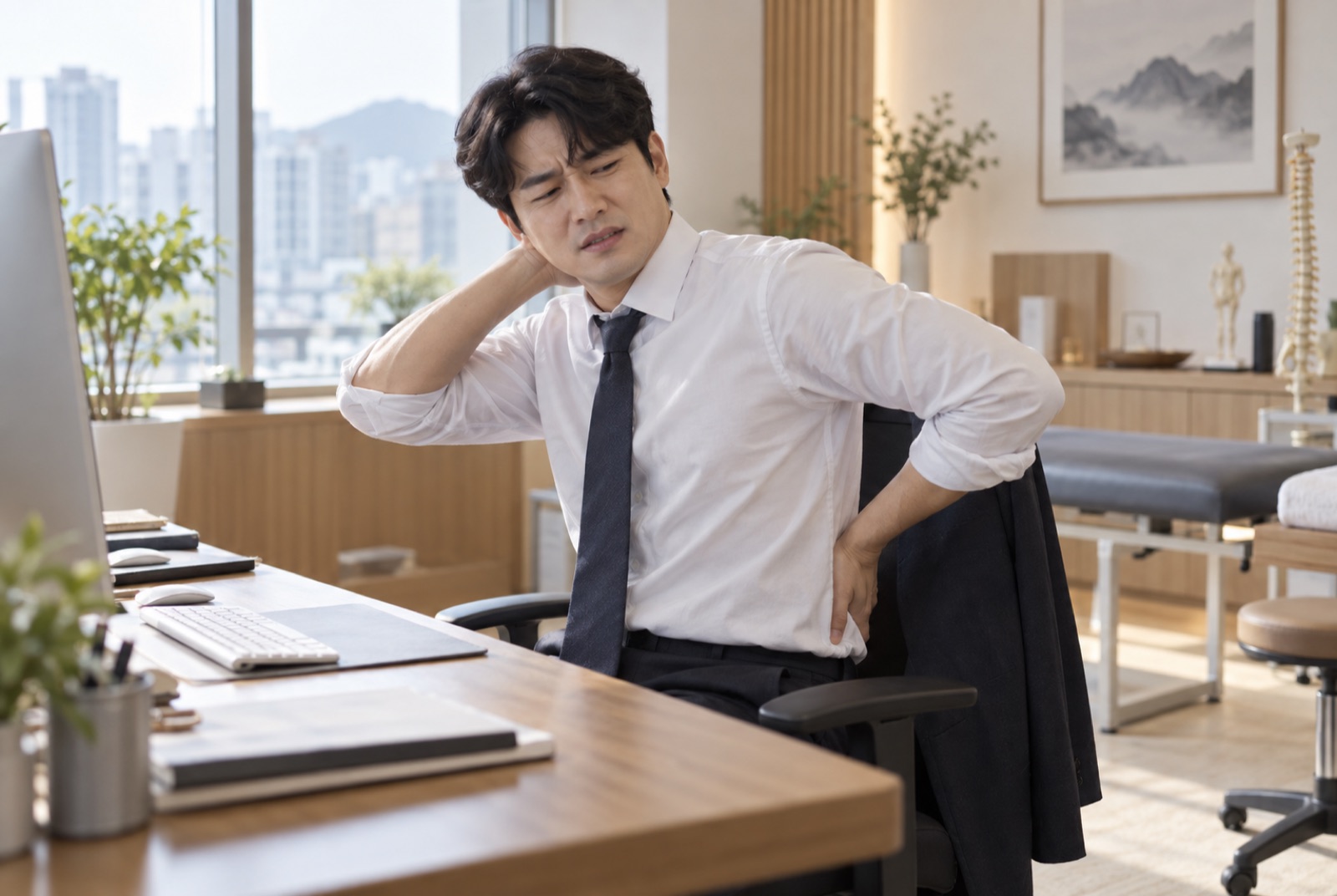 책상에 앉아 목 뒤와 허리를 짚으며 불편해하는 직장인
