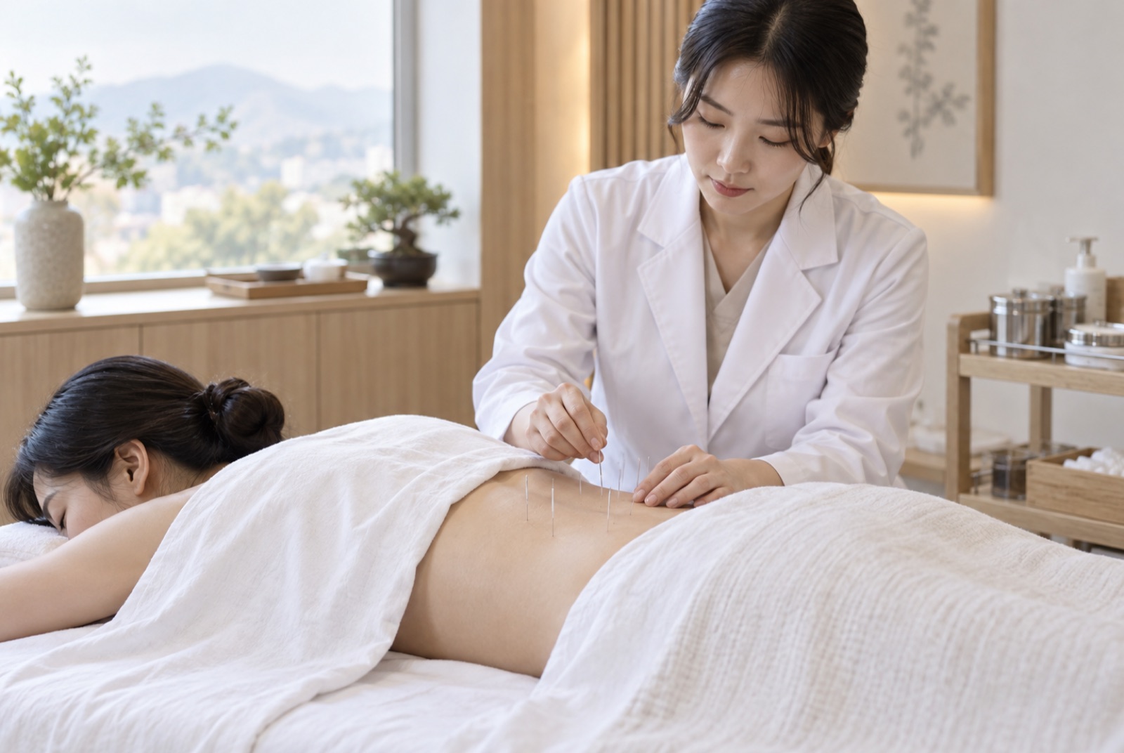 엎드린 환자의 허리를 따라 침을 놓은 한방 치료 장면