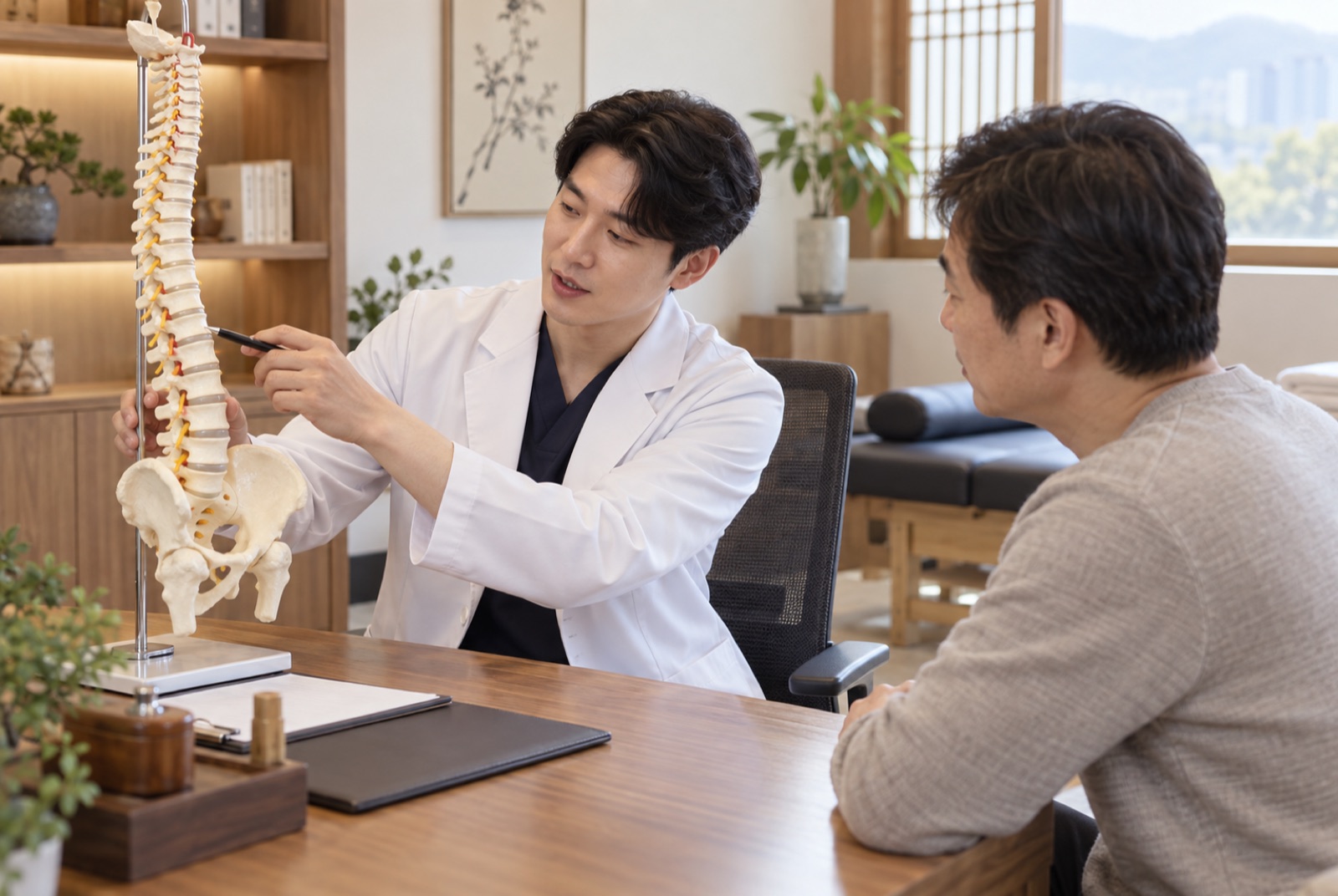 한의사가 척추 모형을 가리키며 디스크 상태를 설명하는 상담 장면