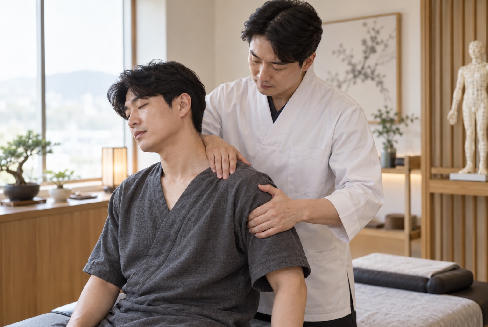 한의사가 앉아 있는 환자의 어깨 근육을 부드럽게 풀어 주는 경근 추나