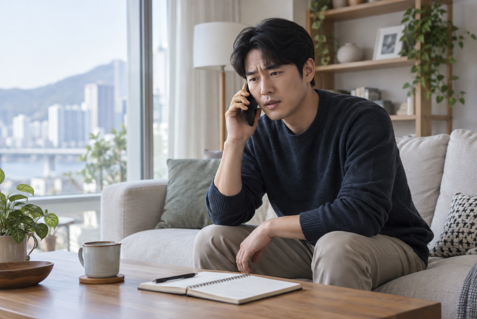 집 소파에 앉아 휴대폰으로 보험사와 통화하는 남성