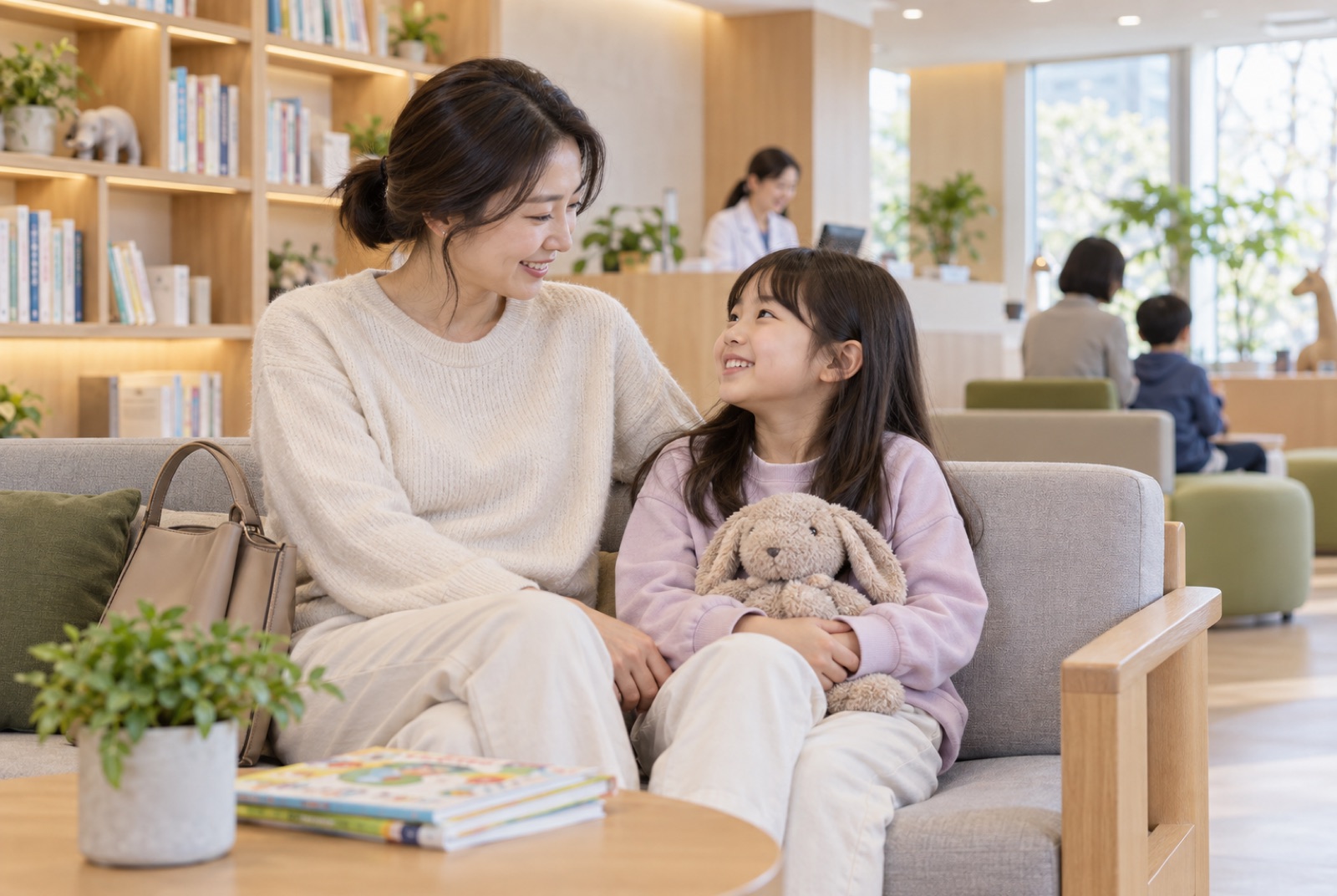 책장이 있는 밝은 대기 공간에서 아이와 함께 기다리는 엄마