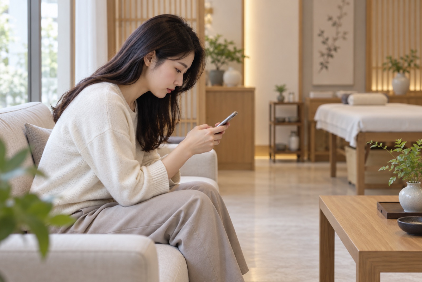 소파에 앉아 고개를 숙이고 스마트폰을 보는 여성의 옆모습