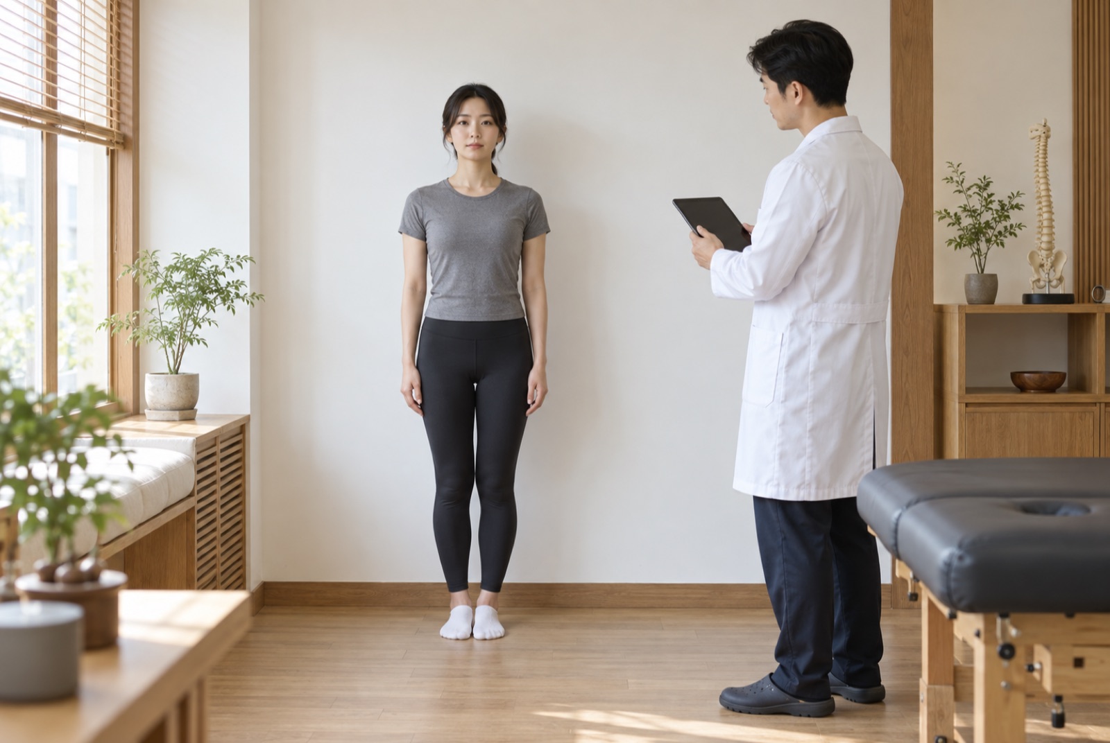흰 벽 앞에 바로 선 환자의 자세를 한의사가 옆에서 관찰하는 체형 분석 장면
