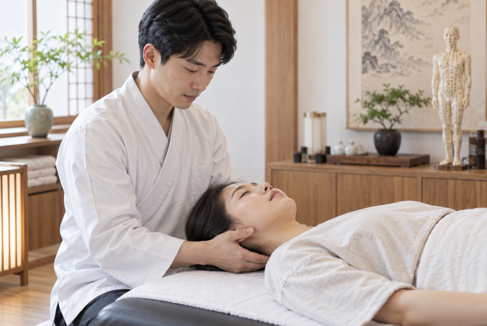 한의사가 누운 환자의 머리를 받쳐 목 정렬을 교정하는 장면