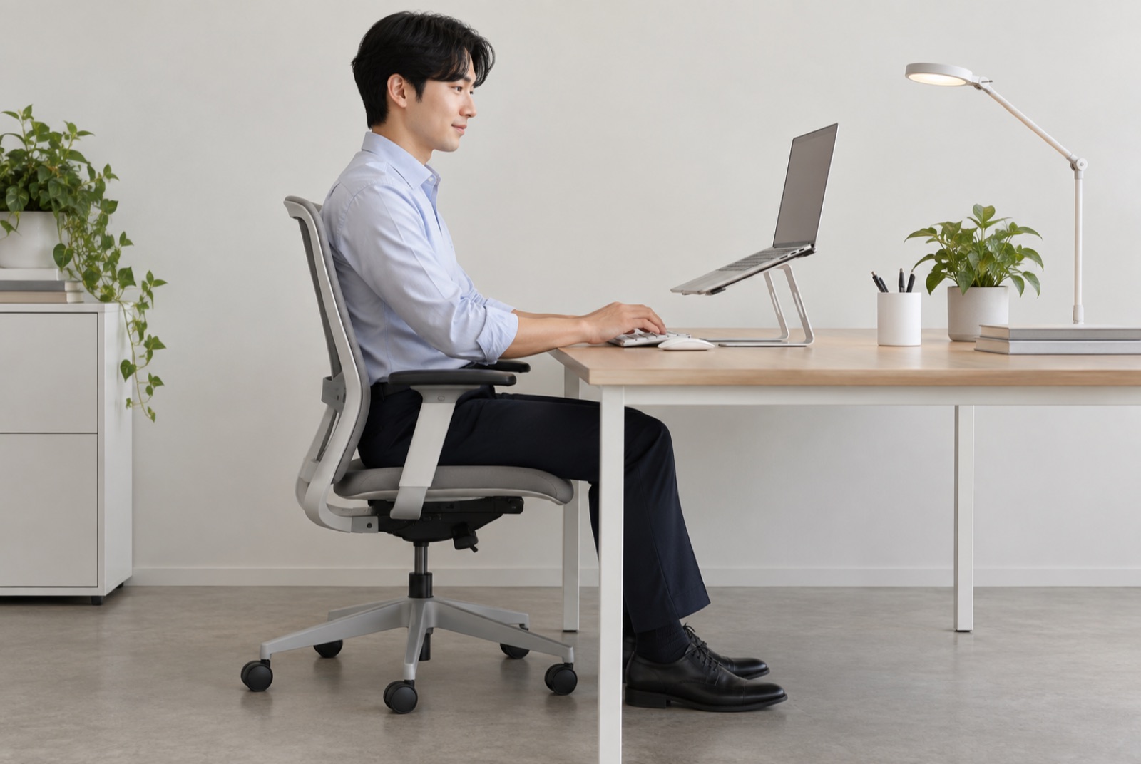 노트북을 거치대로 눈높이에 맞추고 바른 자세로 앉아 일하는 직장인