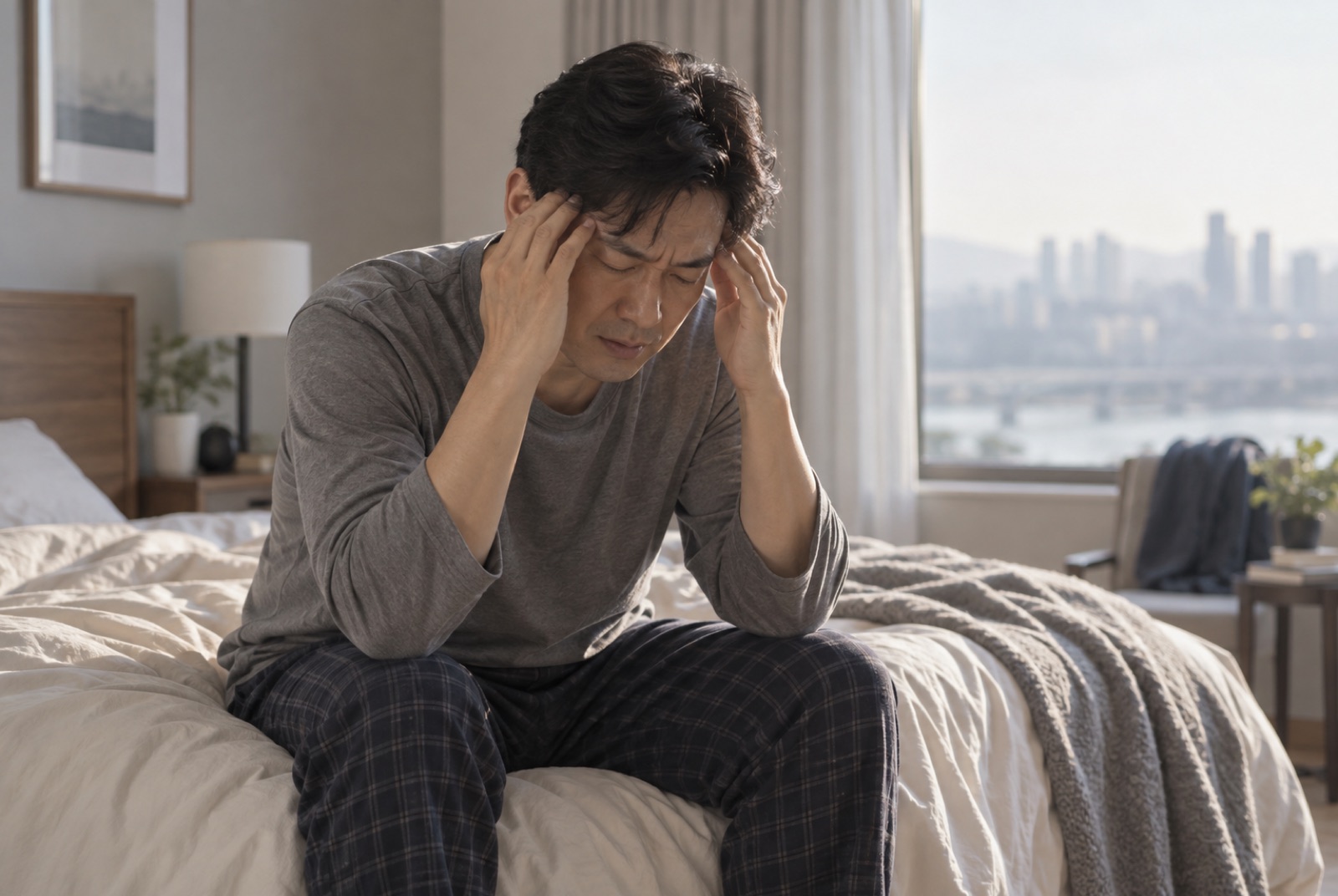 아침에 침대 끝에 앉아 어지러운 듯 머리를 짚고 있는 남성