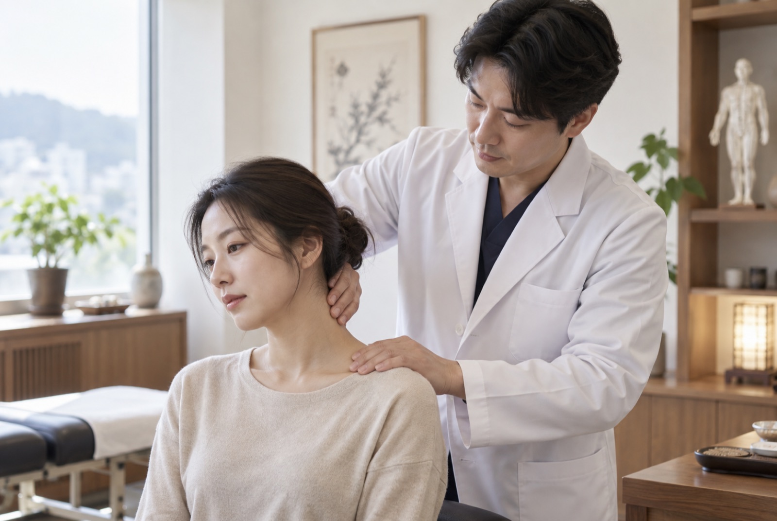 한의사가 앉아 있는 여성 환자의 목과 어깨를 손으로 짚어 살피는 모습