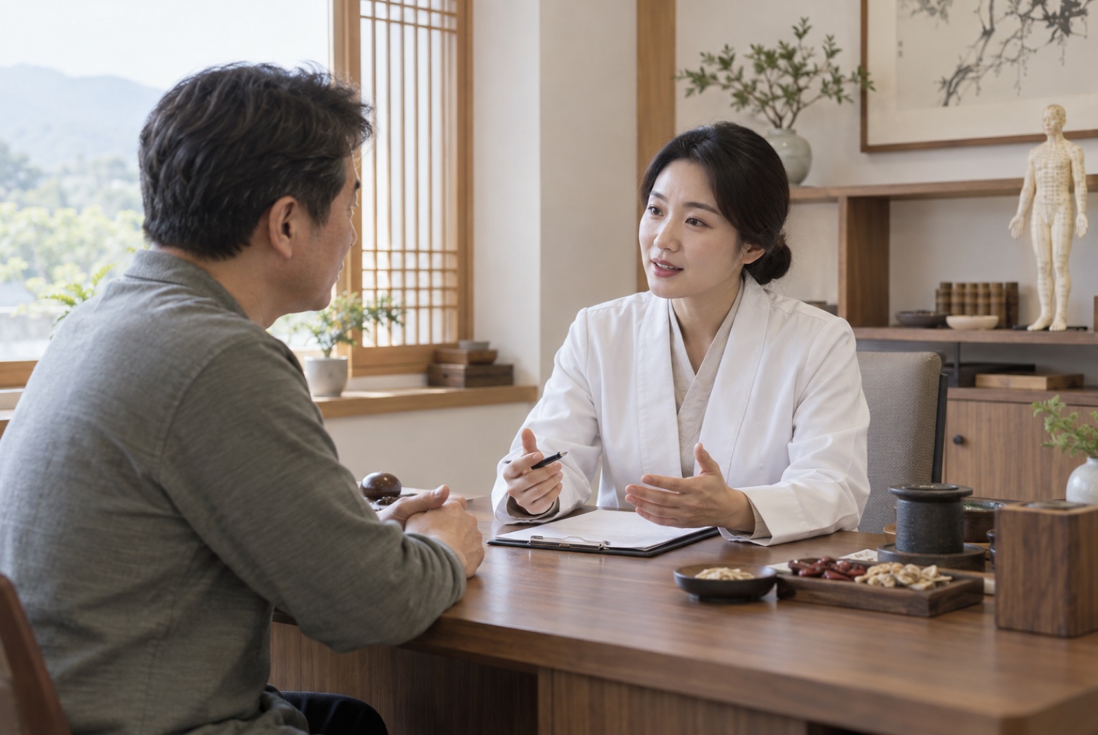한의사가 책상을 사이에 두고 환자와 상담하는 진료실
