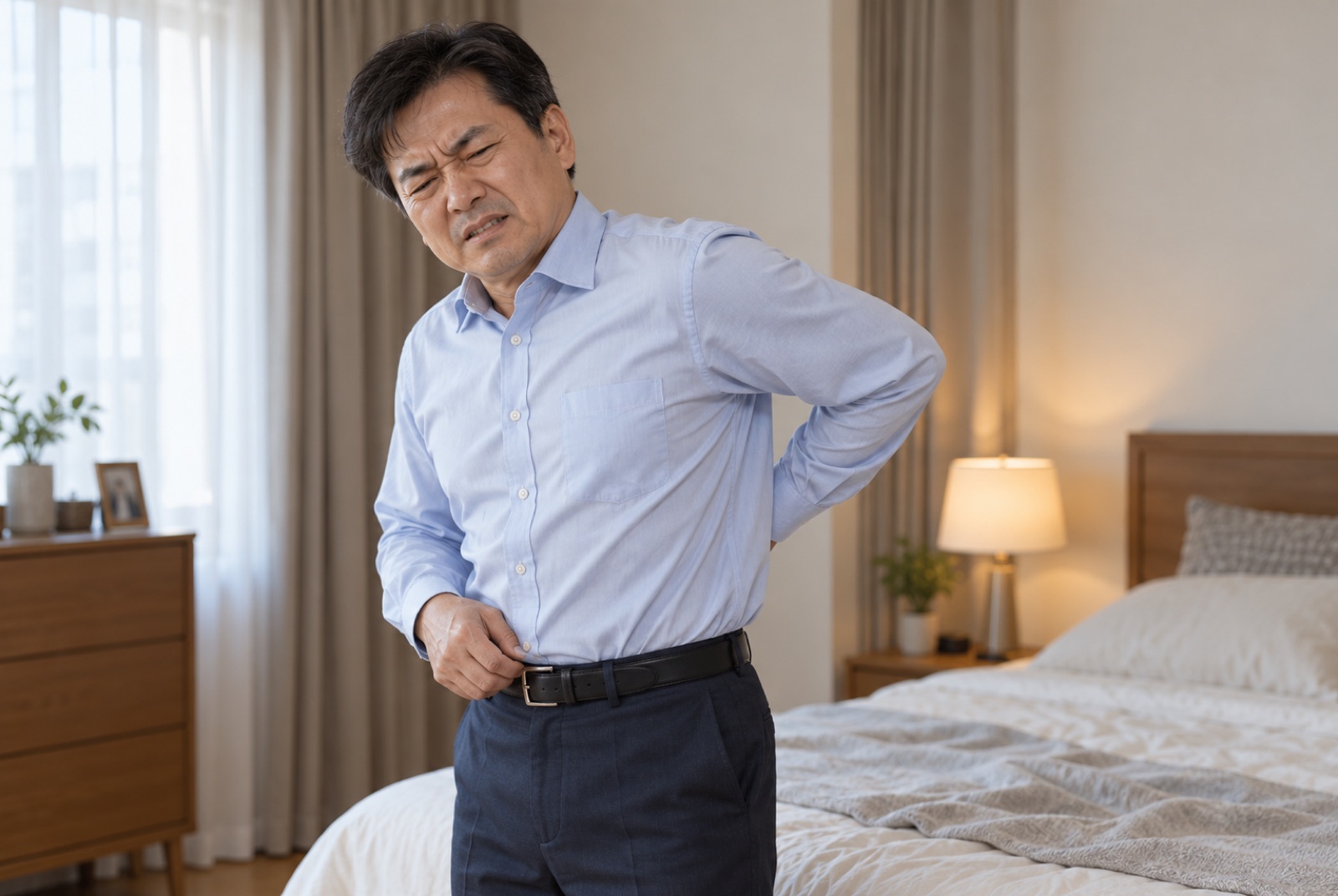셔츠를 넣으려 손을 등 뒤로 돌리다가 어깨 통증을 느끼는 중년 남성