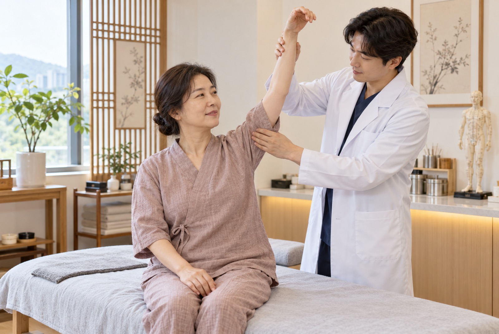 한의사가 진료실에서 중년 여성 환자의 팔을 들어 어깨 가동 범위를 확인하는 장면